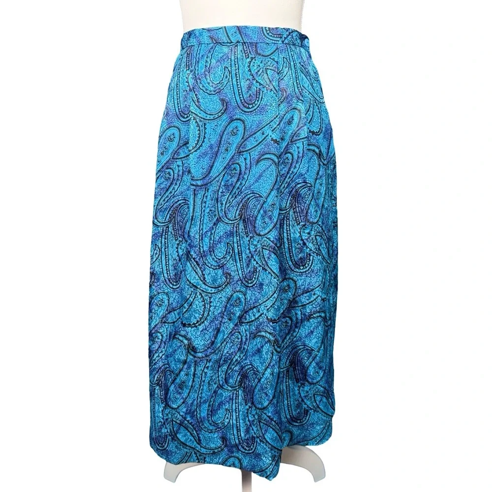 Vintage Blue Paisley Midi Skirt Women's Size 6 Pockets Boho Secretary